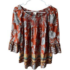 Beach Lunch Lounge Tunic S Smocked Modal Boho Off Shoulder Mix Print Bell Sleeve